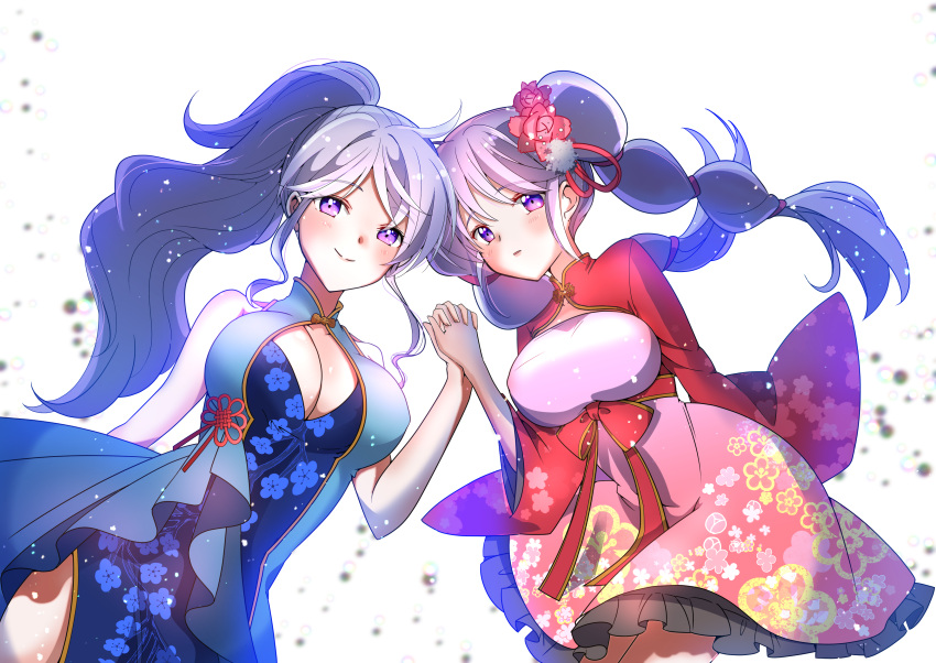 2girls absurdres babybreath63 bangs bare_shoulders blue_dress breasts cleavage cousins dress eyebrows_visible_through_hair fire_emblem fire_emblem:_genealogy_of_the_holy_war floral_print flower hair_flower hair_ornament highres holding_hands ishtar_(fire_emblem) large_breasts long_hair looking_at_viewer multiple_girls ponytail purple_eyes purple_hair red_dress smile tine_(fire_emblem) twintails white_background