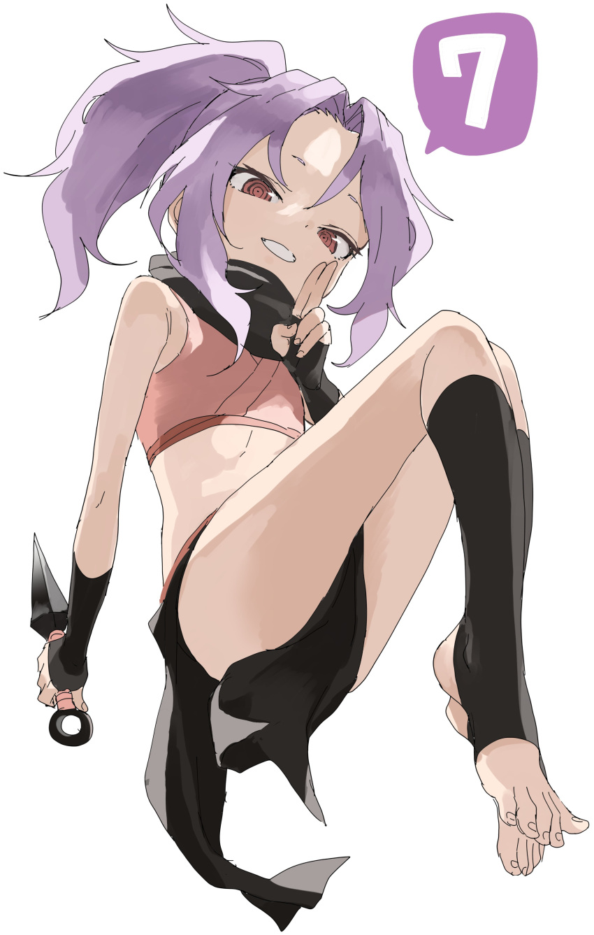 1girl absurdres bangs bare_shoulders black_gloves black_legwear commentary_request crop_top fingerless_gloves forehead full_body gloves grin hand_up highres holding holding_weapon kneehighs kuji-in kunai kunoichi_tsubaki_no_mune_no_uchi looking_at_viewer no_shoes parted_bangs pelvic_curtain ponytail purple_hair red_eyes ringed_eyes sazanka_(kunoichi_tsubaki_no_mune_no_uchi) sidelocks simple_background smile solo stirrup_legwear toeless_legwear weapon white_background yamamoto_souichirou