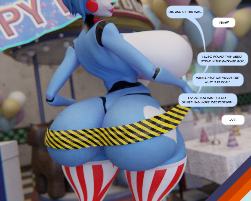 2021 3d_(artwork) animatronic anthro areola big_breasts big_butt blue_body blue_hair breasts butt dialogue digital_media_(artwork) english_text female five_nights_at_freddy's five_nights_at_freddy's_2 grey_areola grey_nipples hair hi_res huge_breasts lagomorph leporid machine mammal nipples rabbit robot scottgames solo sunr4y talking_to_another text thick_thighs toy_bonnie_(fnaf) video_games white_body
