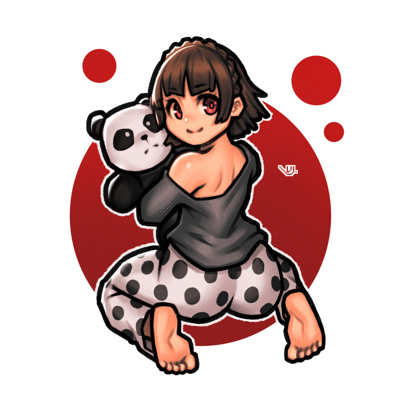 1girl ass barefoot braid brown_hair crown_braid highres looking_at_viewer looking_back niijima_makoto off_shoulder pajamas persona persona_5 polka_dot red_eyes short_hair smile soles solo stuffed_animal stuffed_panda stuffed_toy teddy_bear vj99 younger