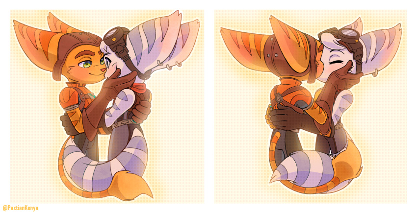 anthro aynek_draw blush embrace entwined_tails female fur hand_on_face happy hi_res hug kissing male male/female ratchet ratchet_and_clank rivet_(ratchet_and_clank) romantic romantic_ambiance romantic_couple smile sony_corporation sony_interactive_entertainment striped_body striped_fur stripes tail_coil video_games