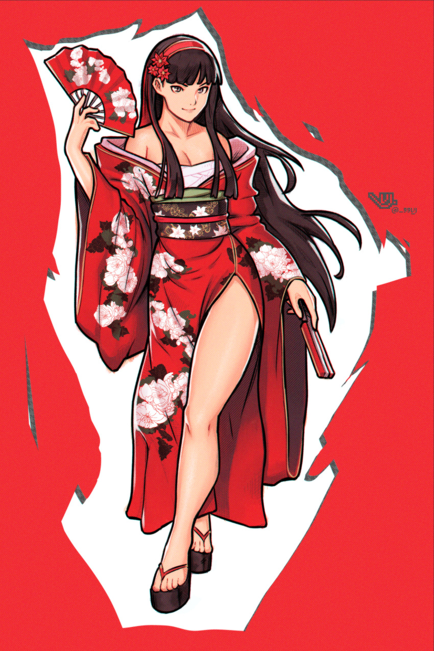 1girl absurdres alternate_costume amagi_yukiko bare_legs bare_shoulders black_hair breasts cleavage dual_wielding english_commentary floral_print flower folding_fan full_body grey_eyes hair_flower hair_ornament hairband hand_fan highres hime_cut holding holding_fan japanese_clothes kimono legs long_hair long_legs medium_breasts obi off-shoulder_kimono persona persona_4 print_kimono red_background red_hairband red_kimono sandals sarashi sash side_slit solo toes two-tone_background vj99 white_background wide_sleeves