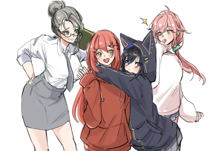 4girls :d :o ^^^ animal_hood arurandeisu babumagadoki black_hair black_jacket blush book cat_hood collared_shirt cowboy_shot genderswap genderswap_(mtf) green_eyes grey_hair grey_necktie grey_skirt hair_between_eyes hair_bun hair_ornament hair_strand hairclip hanasaki_miyabi hand_on_hip hand_to_own_mouth holding holding_book holostars hood hood_up hooded_jacket hug jacket kanade_izuru leaning_forward long_hair looking_at_another looking_at_viewer low_ponytail multiple_girls necktie open_hand pencil_skirt pink_hair pleated_skirt purple_eyes red_hair rikka_(holostars) school_uniform scrunchie shirt simple_background skirt smile sweater teeth upper_body upper_teeth white_background white_shirt white_sweater yellow_eyes