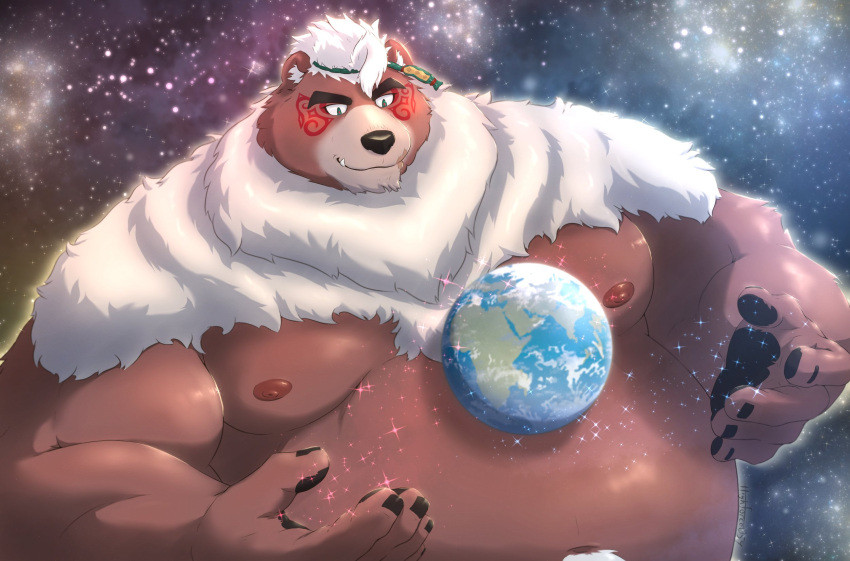 2022 anthro belly big_belly black_nose earth hi_res highforce059 humanoid_hands kemono kimun_kamui_(tas) lifewonders macro male mammal moobs nipples obese obese_male outside overweight overweight_male solo space tokyo_afterschool_summoners ursid video_games