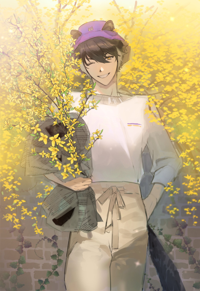 1boy absurdres alternate_costume animal_ears black_hair bouquet branch brick_wall bucket_hat commentary cowboy_shot ears_through_headwear flower forsythia grin hair_between_eyes hand_in_pocket hat head_tilt highres holding holding_bouquet holostars jackal_boy jackal_ears jackal_tail kageyama_shien looking_at_viewer male_focus multicolored_hair newspaper one_eye_closed pants plant purple_headwear shirt short_hair smile solo standing straight-on two-tone_hair vines virtual_youtuber white_hair white_shirt wolkung yellow_eyes yellow_flower yellow_pants