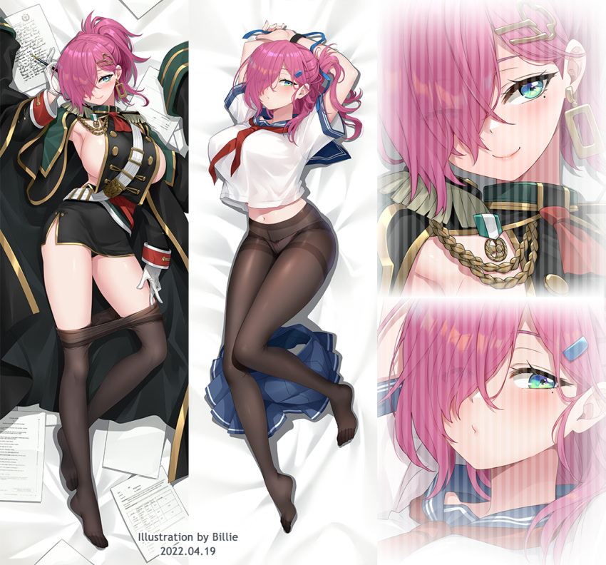 1girl aiguillette arm_up armpits arms_up artist_name azur_lane bangs bed_sheet billie_(meng_gong_fang) black_coat black_legwear black_sleeves blue_ribbon blue_sailor_collar blue_skirt blush breasts clothes_pull coat commentary_request dakimakura_(medium) dated earrings epaulettes eyebrows_visible_through_hair eyes_visible_through_hair full_body gloves green_eyes hair_between_eyes hair_ornament hair_over_one_eye hairclip holding holding_pen jewelry large_breasts long_hair looking_at_viewer lying military military_uniform miniskirt mole mole_on_body mole_under_eye multiple_views neckerchief no_shoes official_alternate_costume on_back panties panties_under_pantyhose pantyhose pantyhose_pull paper pen pink_hair pleated_skirt ponytail red_neckerchief ribbon sailor_collar school_uniform shadow shirt shirt_overhang short_sleeves shrug_(clothing) sideboob sidelocks skirt skirt_removed smartwatch smile tabard thighband_pantyhose trieste_(azur_lane) trieste_(rooftop_lunch_break)_(azur_lane) underwear uniform white_gloves white_shirt