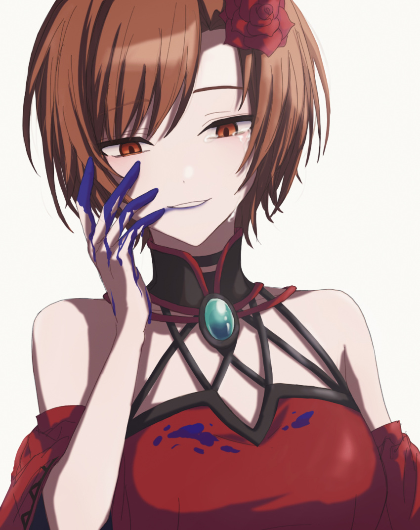 1girl akujiki_musume_conchita_(vocaloid) banica_conchita bare_shoulders blood blood_on_clothes blood_on_hands blue_blood breasts brown_hair choker crying crying_with_eyes_open detached_sleeves dress drug_of_gold_(vocaloid) empty_eyes eyebrows_visible_through_hair false_smile flower hair_flower hair_ornament half-closed_eyes highres large_breasts looking_down meiko pale_skin peng_vmd project_sekai red_dress red_flower red_rose rose short_hair smile solo streaming_tears tears vocaloid