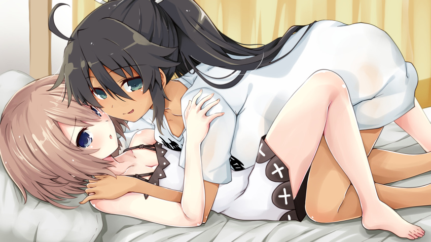 2girls absurdres ahoge bare_shoulders bent_over black_hair blanc_(neptune_series) blue_eyes blush breasts brown_hair commission dress green_eyes highres homura_(senran_kagura) iwashi_dorobou_-r- looking_at_viewer multiple_girls neptune_(series) open_mouth senran_kagura short_hair small_breasts white_dress