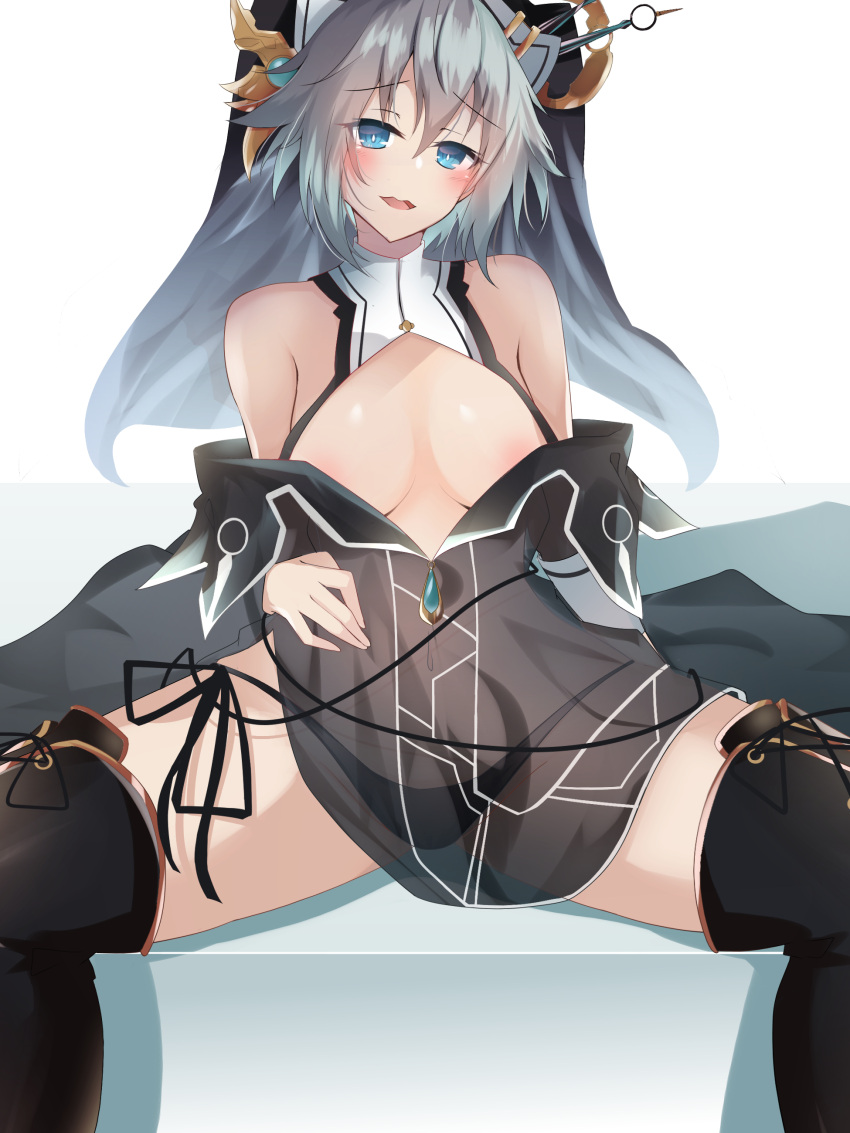 1girl :d absurdres arm_behind_back bare_shoulders black_dress black_legwear black_panties blue_eyes blue_gemstone blush boots breasts clothes_pull date_a_live detached_collar dress dress_pull gem grey_hair habit hand_on_own_stomach highres honjou_nia looking_at_viewer midriff naughty_face navel no_bra nun panties revealing_clothes see-through see-through_dress short_hair side-tie_panties sitting small_breasts smile solo spread_legs teasing thigh_boots underwear yuki_kuro