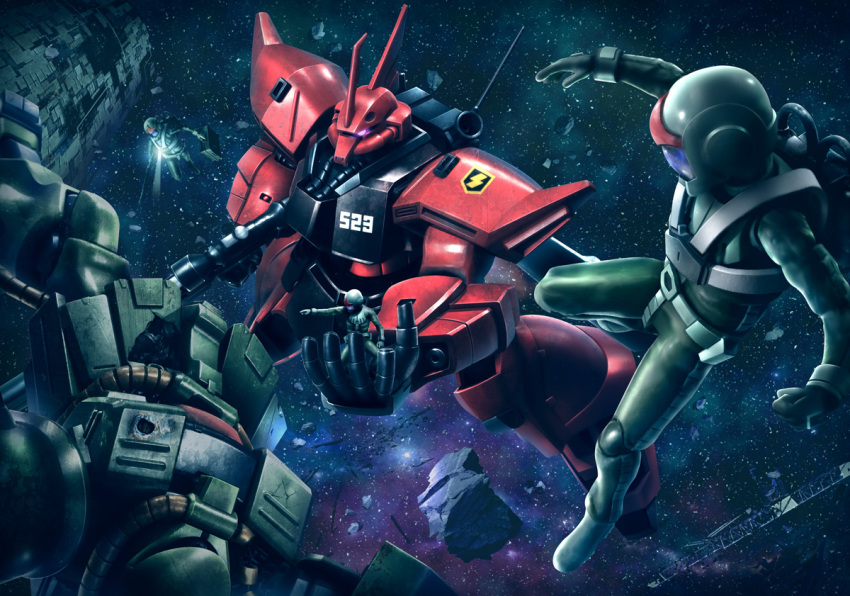 3boys floating gelgoog_jager gundam gundam_0080 helmet hiropon_(tasogare_no_puu) mecha mobile_suit multiple_boys one-eyed pilot_suit science_fiction space visor zaku_ii_fz_kai zeon