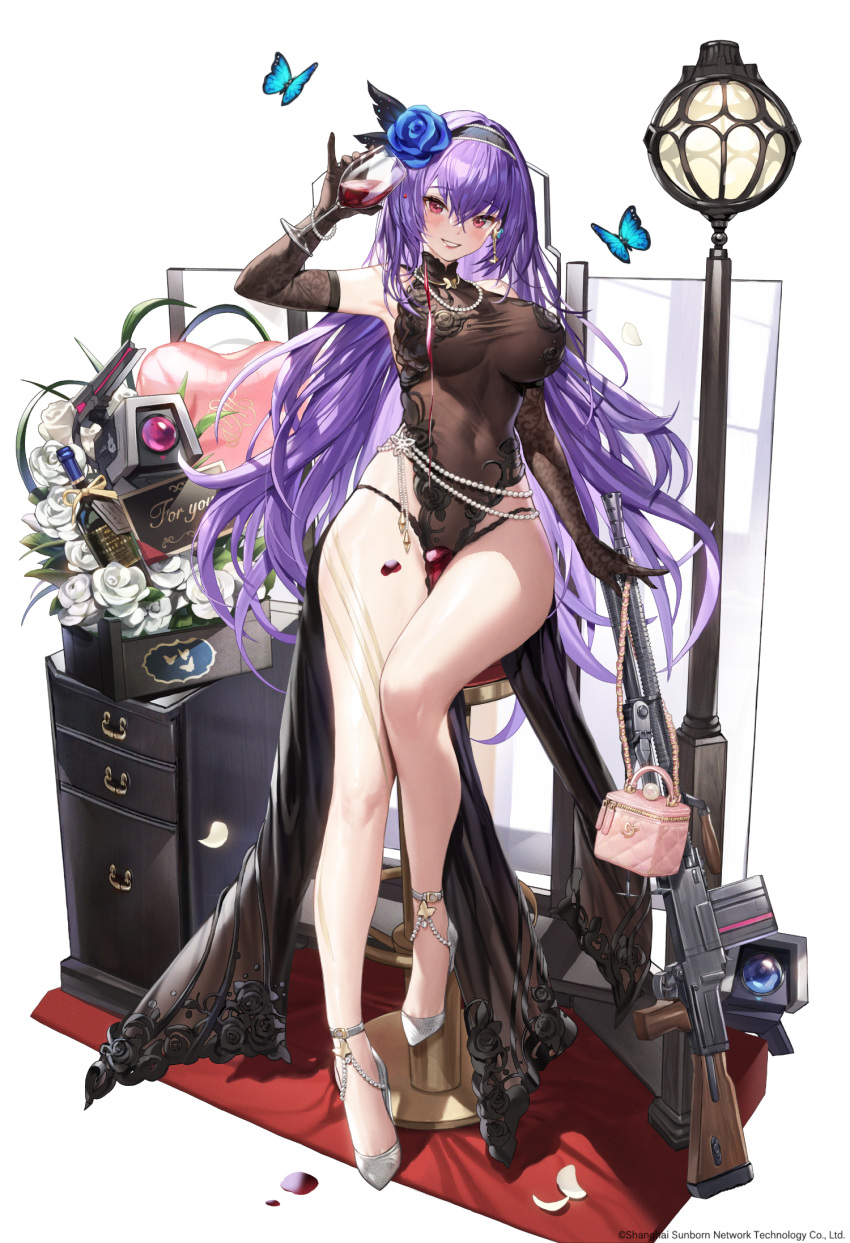 1girl arm_up armpits bare_legs bare_shoulders black_gloves breasts brown_dress covered_navel cup dress drinking_glass elbow_gloves flower girls'_frontline gloves grin hair_flower hair_ornament hairband high_heels highres holding large_breasts long_hair looking_at_viewer panties panty_straps pelvic_curtain purple_hair red_eyes rose skindentation sleeveless sleeveless_dress smile solo string_panties thighs underwear very_long_hair whoisshe wine_glass zb-26_(girls'_frontline)