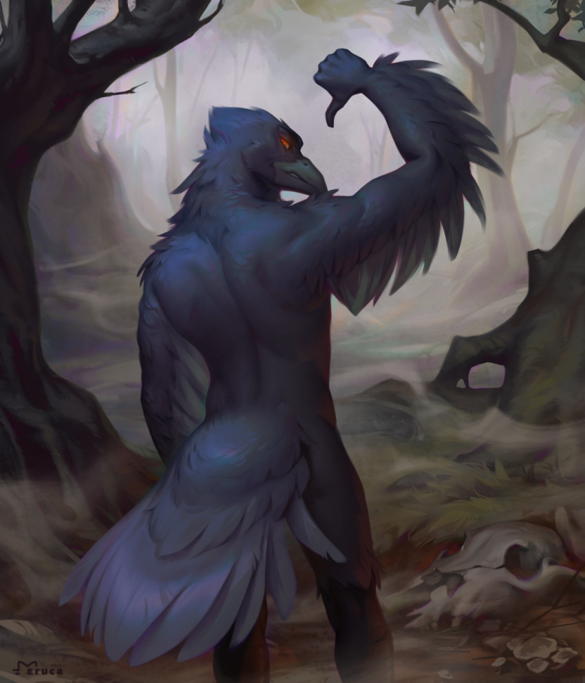 2022 anthro avian beak bird day detailed_background digital_media_(artwork) eruca forest hi_res male outside plant red_eyes solo tree