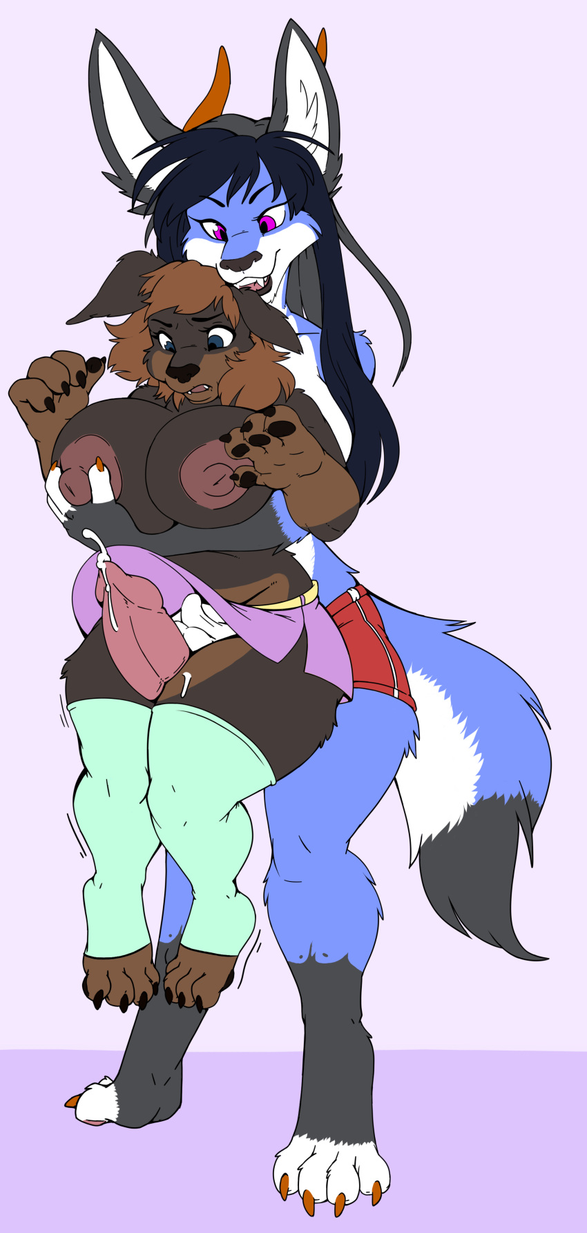 4_fingers absurd_res anthro big_breasts black_hair blue_body blue_fur bodily_fluids breast_grab breasts brown_body brown_fur brown_hair bulge canid canine canis cum digital_media_(artwork) dipstick_tail domestic_dog duo fingerpads fingers fur genital_fluids genitals gynomorph gynomorph/gynomorph hair hand_on_breast hi_res holding_character intersex intersex/intersex jackal kame-sama88 kiki_(bigbanana) looking_down mammal markings mastiff molosser nipples pawpads penis penis_size_difference pink_eyes rottweiler roz_(rosstherottie) short_stack simple_background size_difference smile tail_markings white_background white_body white_fur
