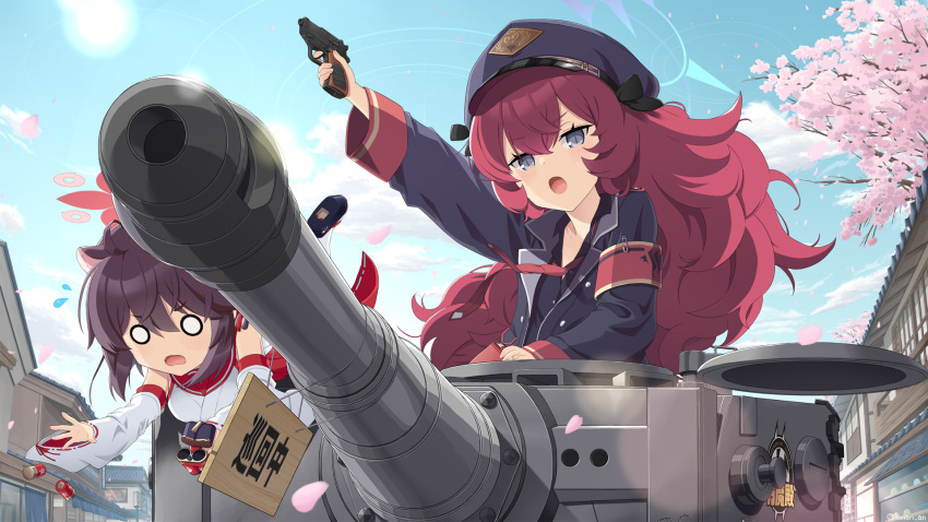 2girls animal_ears armband artist_request black_ribbon blue_archive book cherry_blossoms fang ground_vehicle gun halo handgun hat highres iroha_(blue_archive) jacket japanese_clothes kaede_(blue_archive) miko military military_hat military_jacket military_uniform military_vehicle motor_vehicle multiple_girls o_o open_clothes open_jacket open_mouth outdoors peaked_cap red_hair ribbon safety_pin sweatdrop tank uniform weapon