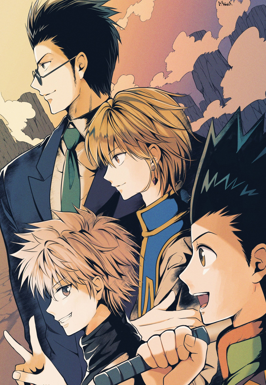 4boys absurdres black_hair blonde_hair blue_eyes from_side gon_freecss highres hunter_x_hunter killua_zoldyck kurapika leorio_paladiknight minato_x3710 multiple_boys short_hair spiked_hair sunglasses white_hair