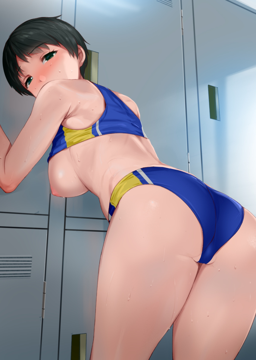 1girl against_locker ass black_hair bloomers blue_bloomers blue_pants blush breasts breasts_out green_eyes highres indoors kantai_collection kusaka_souji large_breasts looking_at_viewer mogami_(kancolle) pants short_hair solo sportswear track_uniform two-tone_pants underwear