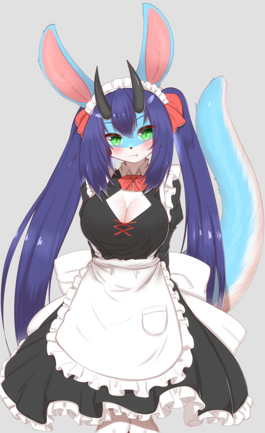 2022 absurd_res anthro apron blue_body blue_fur blush breasts cleavage clothed clothing cute_fangs dragon female frilly frilly_clothing fur furred_dragon green_eyes hair hi_res horn horokusa0519 kemono looking_at_viewer maid_apron maid_headdress maid_uniform multicolored_body multicolored_fur portrait pupils purple_hair slit_pupils solo three-quarter_portrait twintails_(hairstyle) two_tone_body two_tone_fur uniform white_body white_fur