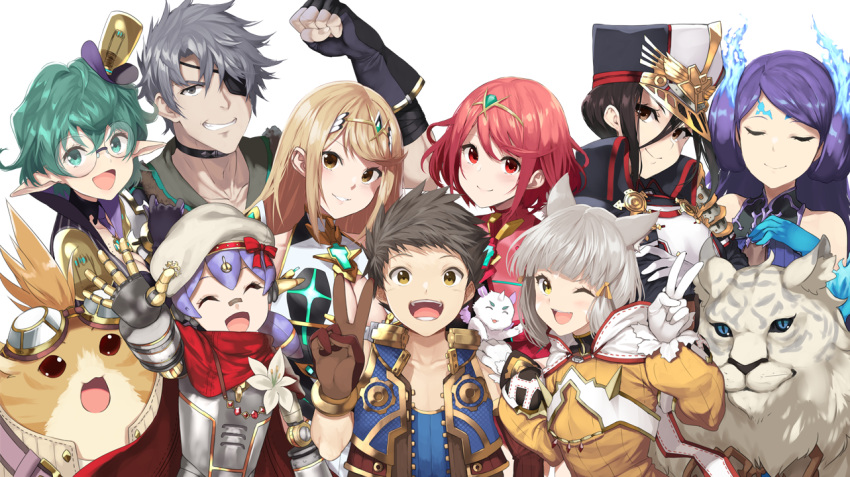 azurda_(xenoblade) blonde_hair breasts brighid_(xenoblade) chest_jewel closed_eyes dress dromarch_(xenoblade) fiery_hair gem headpiece large_breasts long_hair morag_ladair_(xenoblade) multiple_boys multiple_girls mythra_(xenoblade) nia_(xenoblade) pandoria_(xenoblade) poppi_(xenoblade) purple_dress purple_hair pyra_(xenoblade) rex_(xenoblade) tiara tora_(xenoblade_2) very_long_hair xenoblade_chronicles xenoblade_chronicles_(series) xenoblade_chronicles_2 yappen yellow_eyes zeke_von_genbu_(xenoblade)