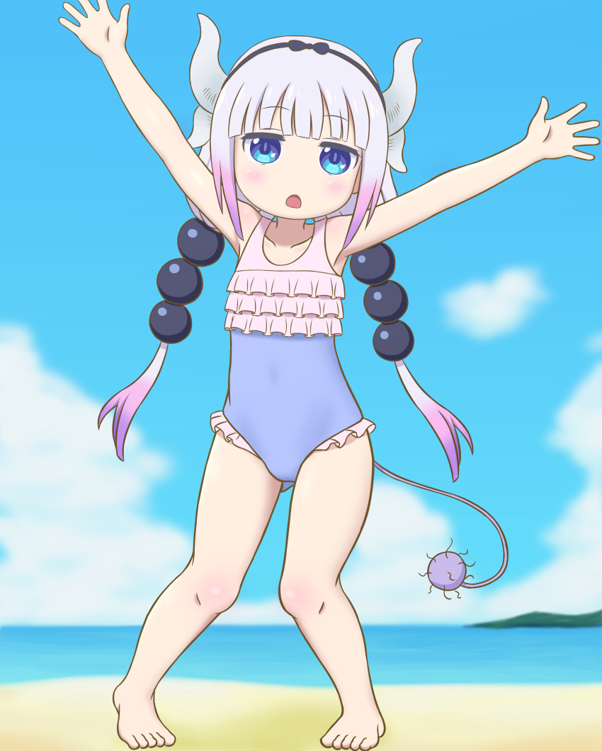 1girl absurdres armpits arms_up ass_visible_through_thighs barefoot beach beads blue_eyes blue_swimsuit casual_one-piece_swimsuit dragon_girl dragon_horns feet green_bell_(yksk042) grey_hair hair_beads hair_ornament hairband highres horns kanna_kamui kobayashi-san_chi_no_maidragon legs long_hair low_twintails ocean one-piece_swimsuit open_mouth outdoors ribbon solo swimsuit tail thighs toes twintails