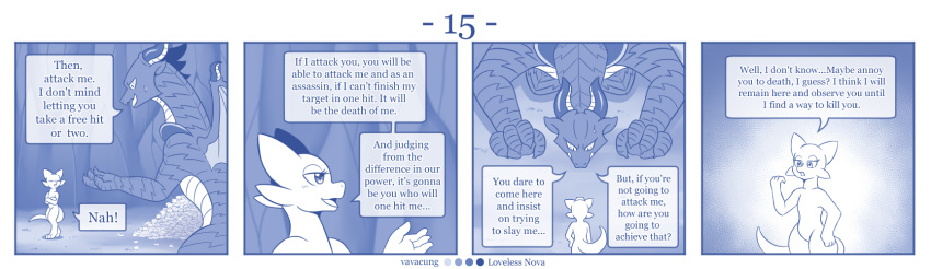 blue_and_white comic detailed_background dialogue dragon english_text female feral hi_res horn kobold larger_feral male monochrome nude size_difference smaller_female text vavacung wings