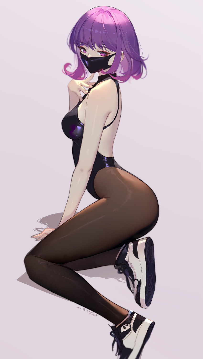 1girl absurdres ass back backless_leotard bare_arms bare_shoulders black_leotard breasts brown_legwear hand_up highleg highleg_leotard highres lance_(lancelliu) leotard looking_at_viewer mask medium_breasts mouth_mask original pantyhose purple_eyes purple_hair shoes short_hair sneakers solo spaghetti_strap