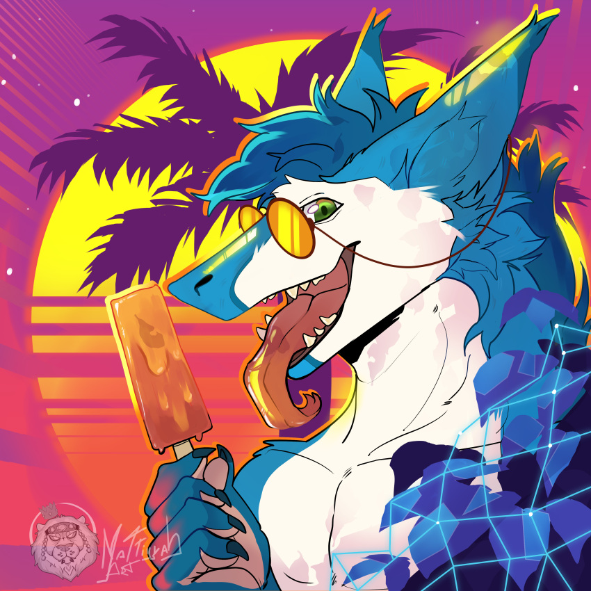 absurd_res blue_body blue_fur eyewear food fur glasses hi_res hybrid licking male mattiyyah_lion popsicle solo summer synthwave tongue tongue_out