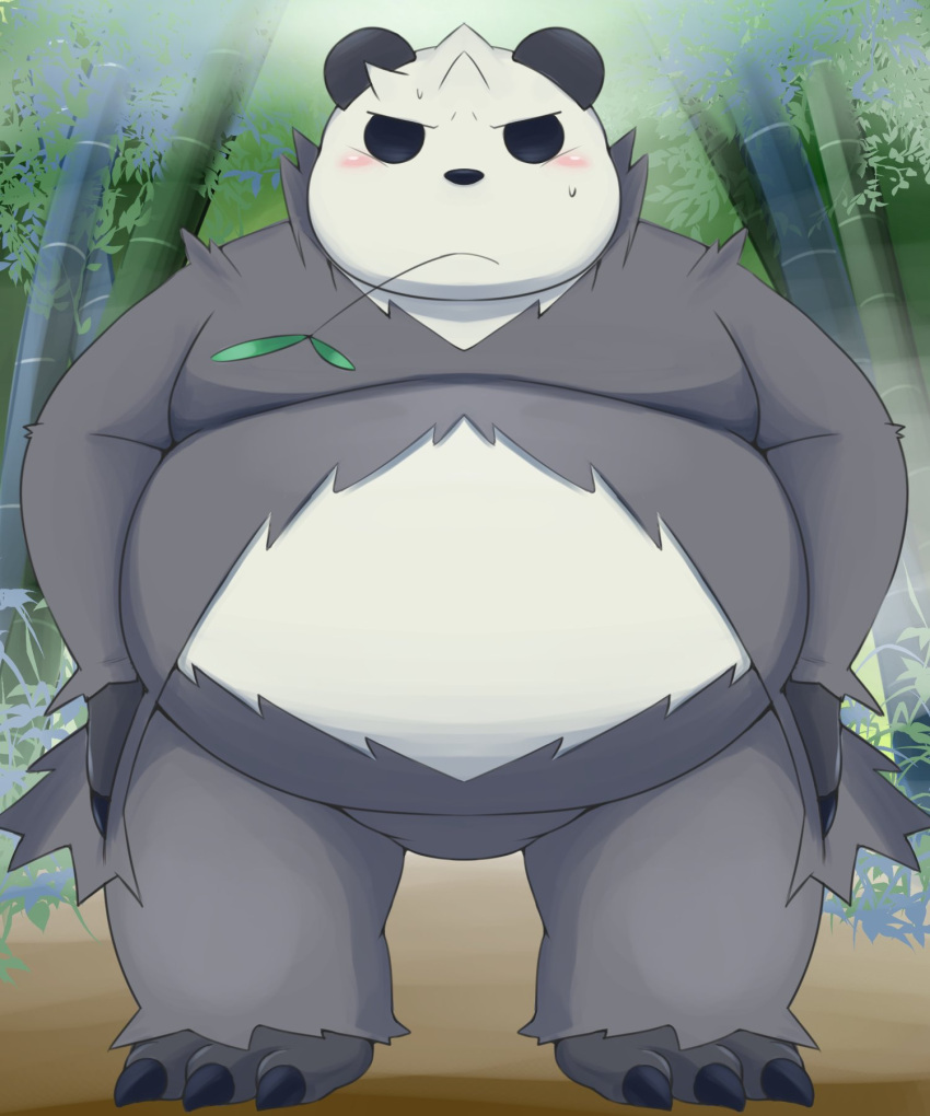 2022 anthro bamboo belly big_belly biped black_body black_nose blush detailed_background hi_res kemono leaf marumu_5656 nintendo outside overweight pangoro pok&eacute;mon pok&eacute;mon_(species) solo video_games white_body