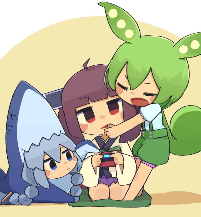 3girls ahoge animal_costume animal_ears bangs bare_legs blue_eyes blunt_bangs blush_stickers braid brown_eyes brown_hair chibi closed_eyes commentary controller cosplay cushion face_hug game_controller green_hair green_shorts grey_hair headgear highres holding holding_controller holding_game_controller japanese_clothes kigurumi kimono kizuna_akari konohoshi long_hair looking_at_viewer lying miniskirt multiple_girls on_stomach open_mouth purple_skirt seiza shark_costume shirt short_hair short_sleeves shorts sitting skirt standing suspender_shorts suspenders touhoku_kiritan twin_braids vocaloid voiceroid voicevox white_kimono white_shirt yellow_background zabuton zundamon