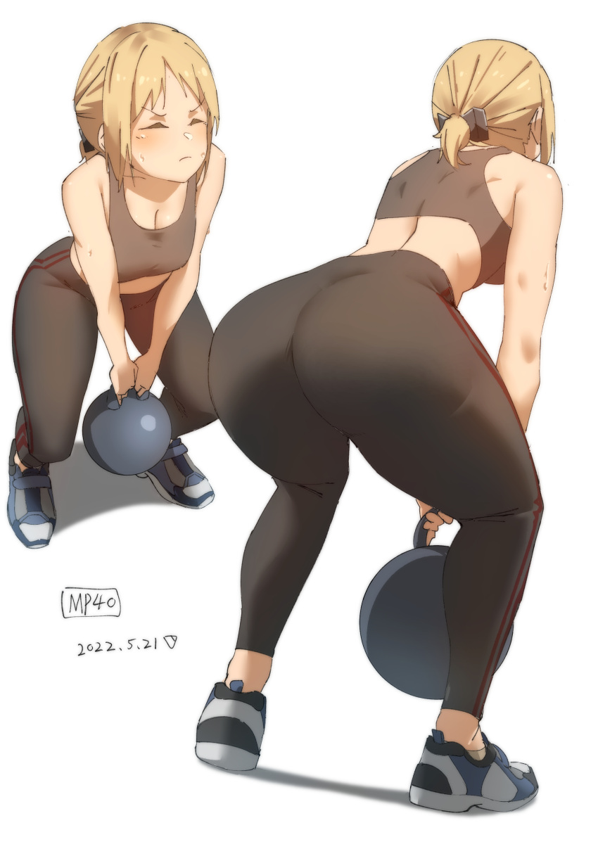 1girl absurdres ass blonde_hair breasts cleavage closed_eyes exercise girls'_frontline highres leggings midriff mp40_(girls'_frontline) shoes short_hair simple_background solo sports_bra sportswear squatting sweat triangle_bullet weightlifting