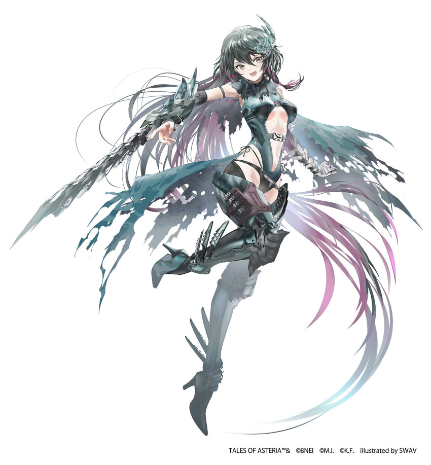 1girl alternate_costume arm_blade bandaged_arm bandages black_hair center_opening commentary_request dagger full_body high_heels highres knife long_hair open_mouth solo swav tales_of_(series) tales_of_berseria thigh_pouch torn_clothes velvet_crowe very_long_hair waist_cape weapon white_background yellow_eyes