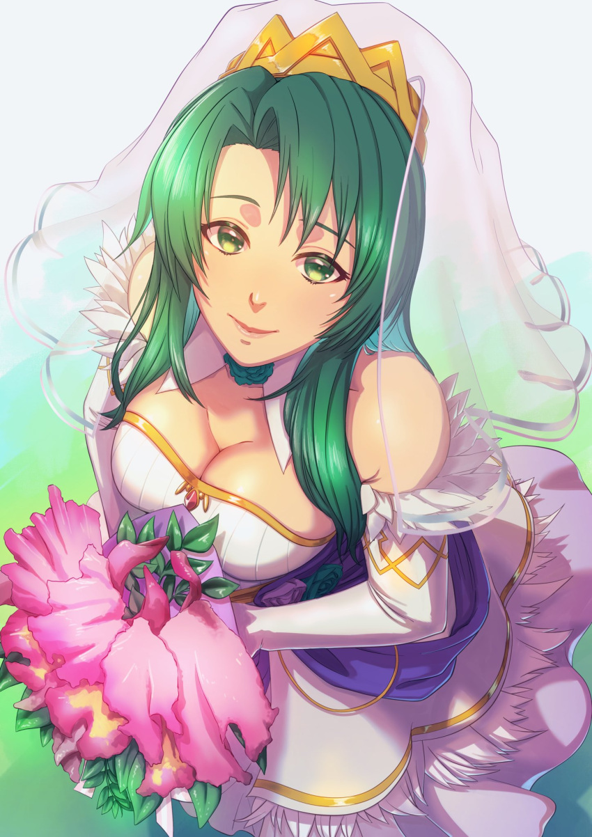 1girl aduti_momoyama bare_shoulders bouquet breasts bridal_veil cecilia_(fire_emblem) cleavage detached_collar detached_sleeves dress fire_emblem fire_emblem:_the_binding_blade fire_emblem_heroes flower green_eyes green_hair highres holding holding_bouquet large_breasts long_dress long_hair long_sleeves looking_at_viewer official_alternate_costume simple_background smile solo strapless strapless_dress veil wedding_dress white_dress