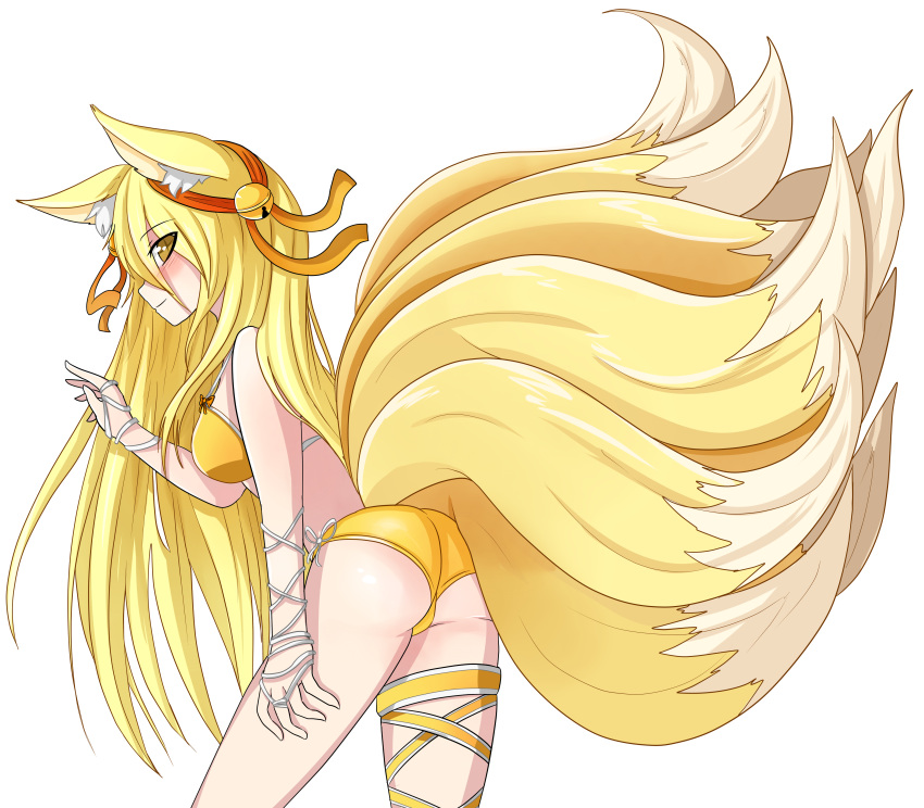 9_tails absurd_res alpha_channel animal_humanoid bell bikini bikini_bottom bikini_top blonde_hair blush butt canid canid_humanoid canine canine_humanoid clothed clothing dipstick_tail female fox_humanoid fox_spirit gacha_resort hair hi_res humanoid inner_ear_fluff kitsune_mitsuko looking_at_viewer looking_back lunime mammal mammal_humanoid markings multi_tail partially_clothed pupils rear_view simple_background slit_pupils solo swimwear tail_markings transparent_background tuft unknown_artist yellow_bikini yellow_clothing yellow_eyes yellow_swimwear