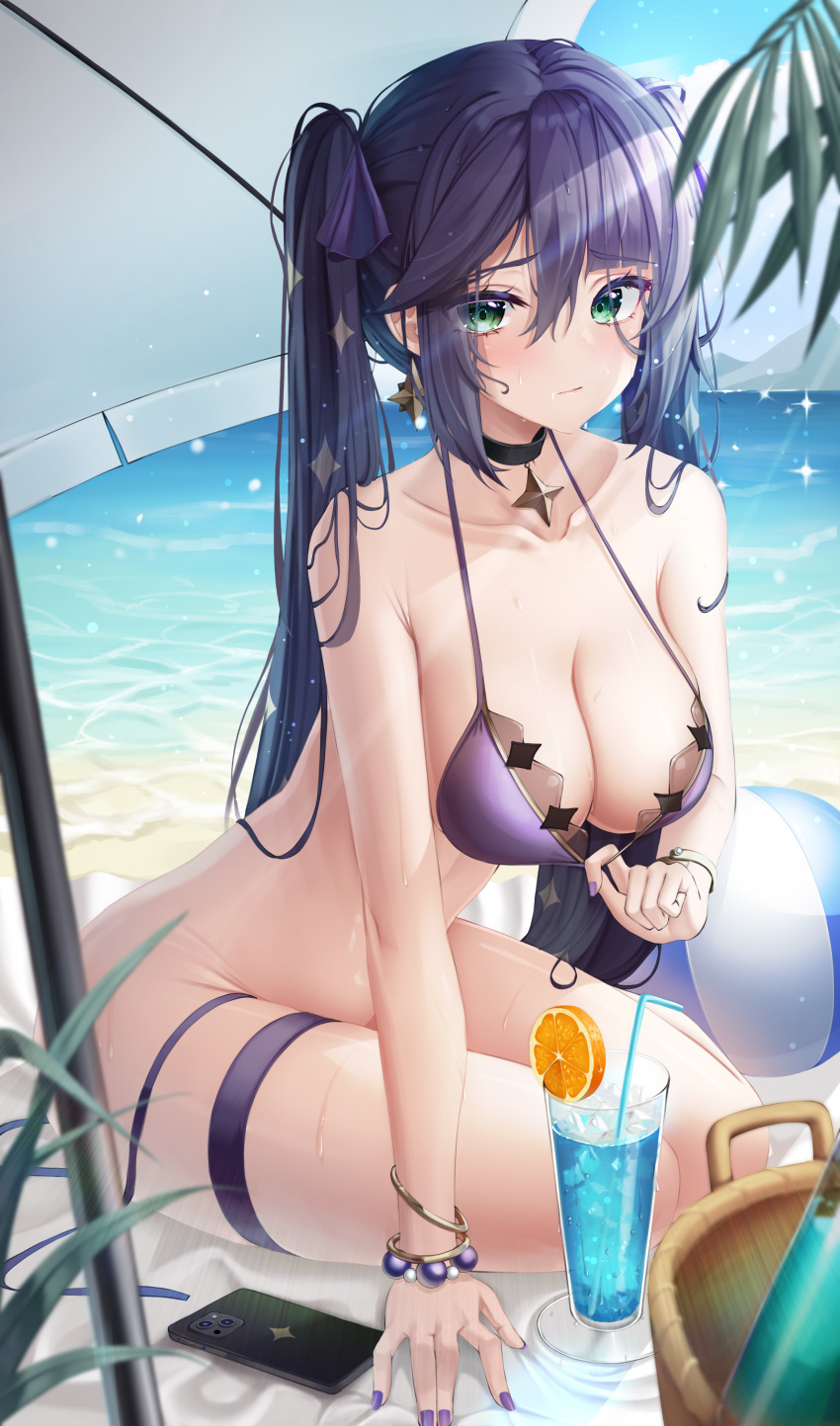1girl absurdres arm_support ball bangs bare_shoulders beach beachball bikini black_hair blue_sky blush bow bracelet breasts cellphone cloud collar collarbone commentary cup day drinking_straw duplicate eyebrows_visible_through_hair food fruit genshin_impact green_eyes hair_bow highres hsxxx ice jewelry long_hair looking_at_viewer medium_breasts mona_(genshin_impact) nail_polish ocean orange_(fruit) orange_slice outdoors phone pixel-perfect_duplicate pulled_by_self purple_nails shiny shiny_hair shiny_skin simple_background sitting sky solo sparkle sweat sweatdrop swimsuit thighs tropical_drink water