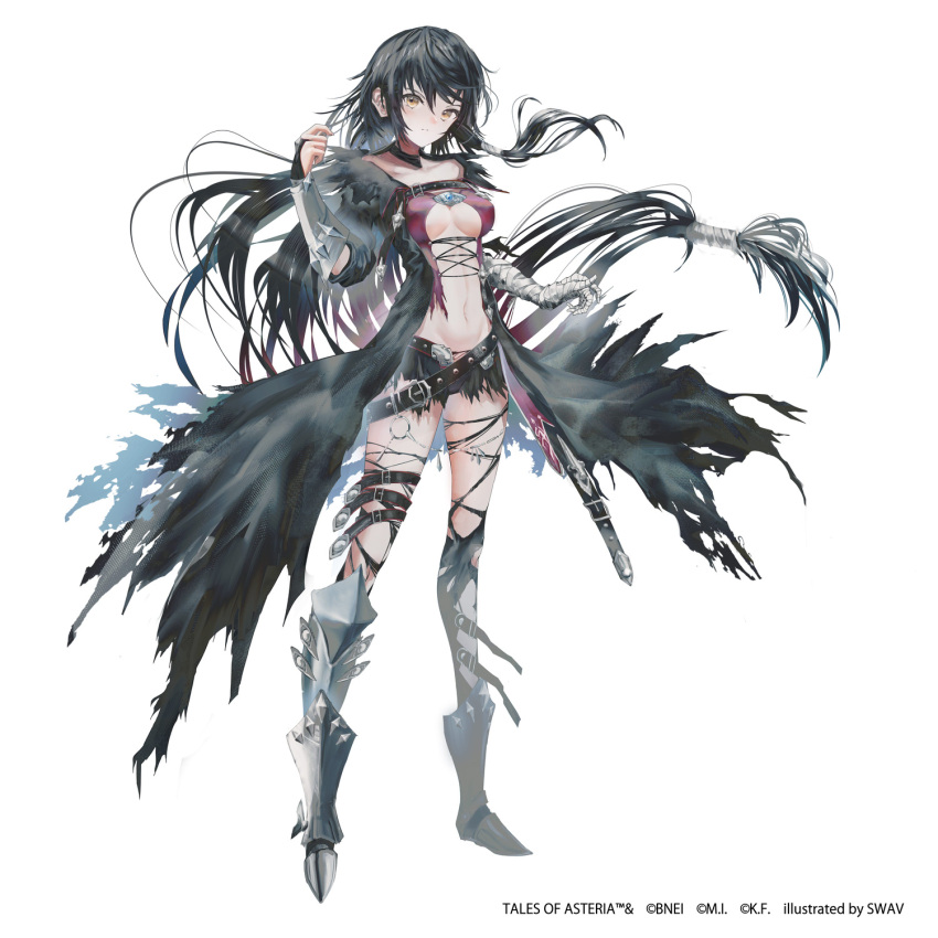 1girl armored_boots asymmetrical_clothes bandaged_arm bandages belt black_hair boots bridal_gauntlets commentary_request full_body highres long_hair revealing_clothes single_vambrace solo swav tales_of_(series) tales_of_berseria torn_clothes vambraces velvet_crowe white_background yellow_eyes