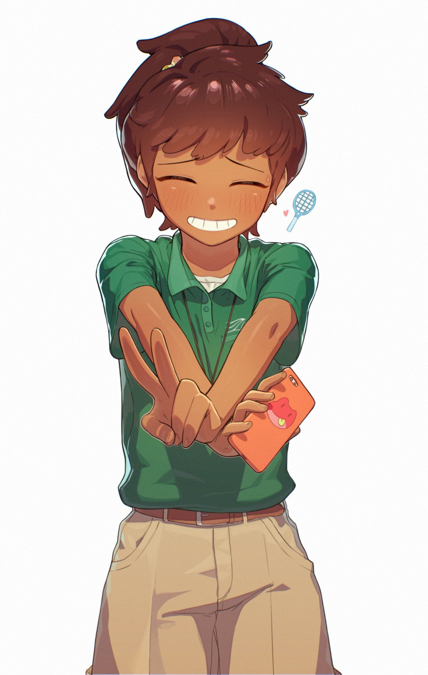 1girl amphibia anne_boonchuy belt brown_hair cellphone closed_eyes frog green_shirt grin highres holding holding_phone khakis light_blush older phone ponytail quiroring racket shirt simple_background smartphone smile solo t-shirt tennis_racket upper_body v