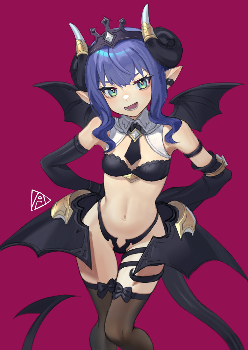 1girl absurdres aqua_eyes asymmetrical_sleeves bandeau black_panties blue_hair blush breasts crown curled_horns demon_girl demon_horns demon_tail demon_wings earrings elbow_gloves gloves highres horns jewelry looking_at_viewer magenta_background medium_hair navel open_mouth original panties pink_pupils pointy_ears redauto simple_background single_earring small_breasts smile solo tail thigh_bow thigh_gap thighhighs underwear wings