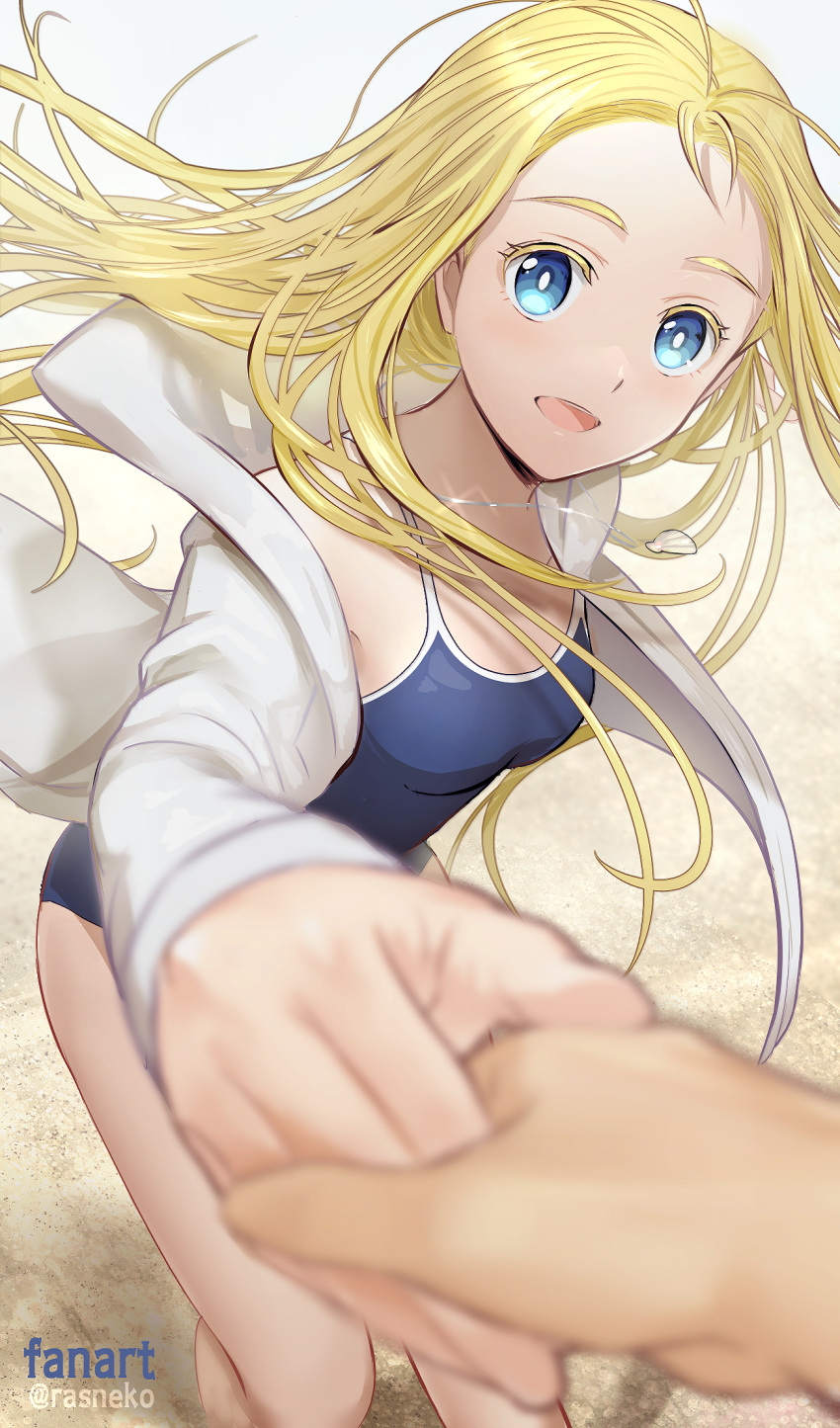 1girl :d artist_name beach blonde_hair blue_eyes blurry blurry_foreground breasts day highres holding_hands hood hood_down jacket kofune_ushio medium_breasts outdoors rasneko shell_necklace smile summertime_render swimsuit white_jacket wind