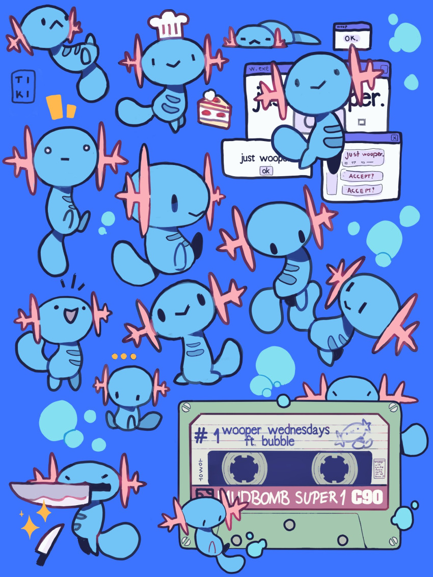 :&gt; animal_focus blue_background bubble cake cassette_tape chef_hat doki_doki_literature_club english_text food hat highres knife mouth_hold pokemon pokemon_(creature) simple_background tiki_(tikivt) toque_blanche window_(computing) wooper