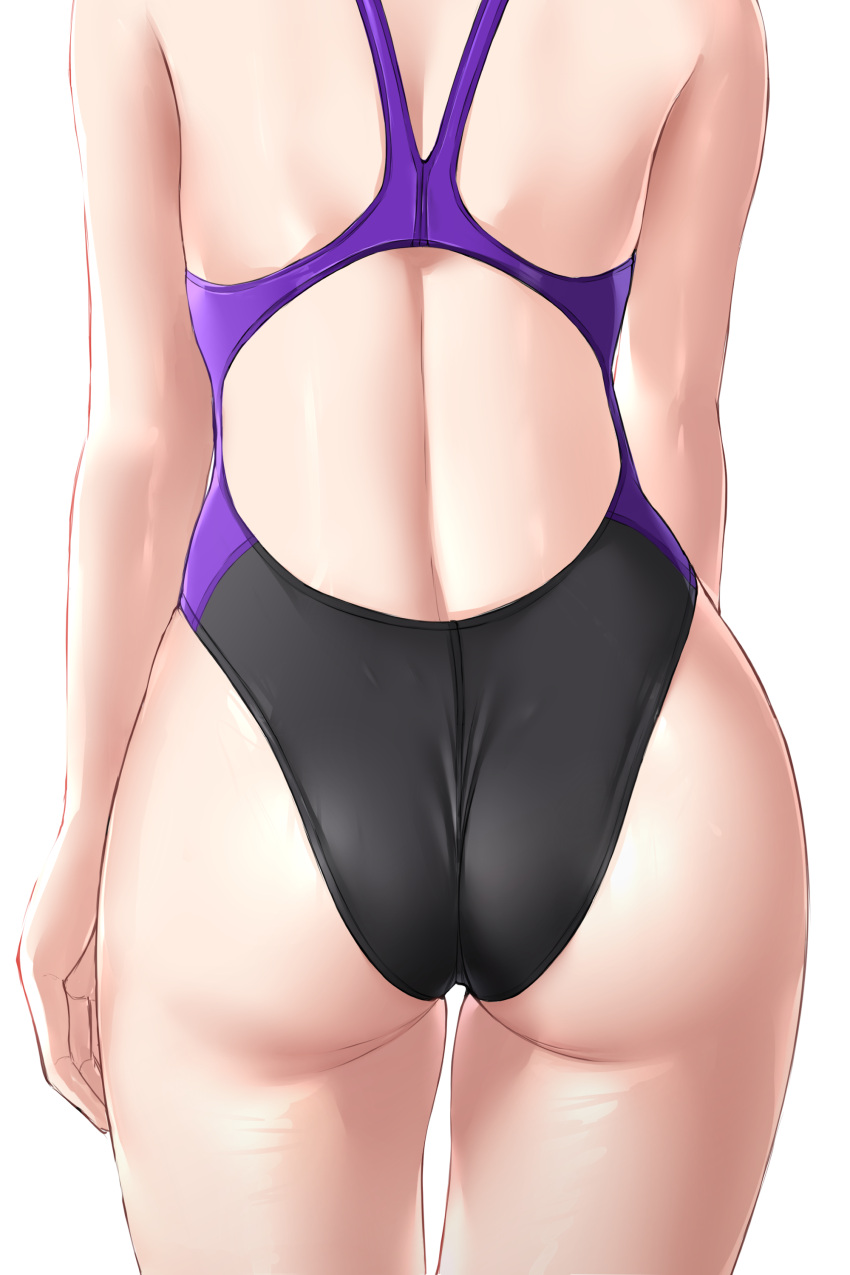 absurdres ass ass_focus back back_cutout bare_arms bare_shoulders black_swimsuit clothing_cutout competition_swimsuit cowboy_shot from_behind head_out_of_frame highres ncontrail_(mgax7527) one-piece_swimsuit original purple_swimsuit revision simple_background swimsuit two-tone_swimsuit white_background