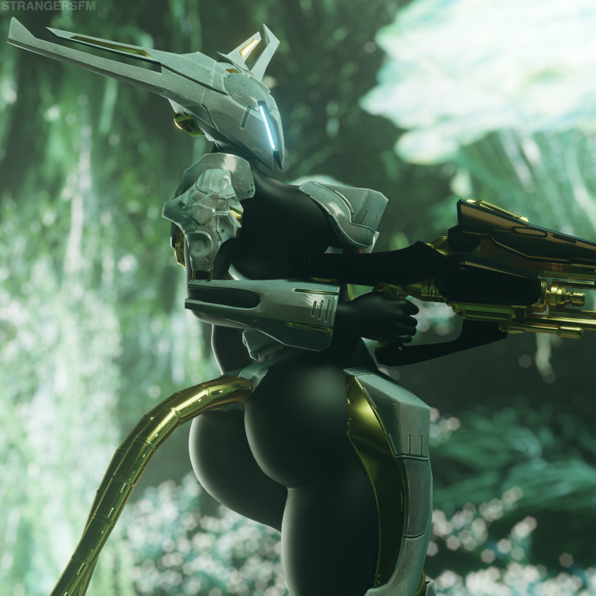 butt detailed_background female glowing glowing_eyes gold_(metal) gun hi_res humanoid machine metallic_body multi_tail presenting ranged_weapon robot robot_humanoid solo solo_focus strangersfm vex_(species) weapon