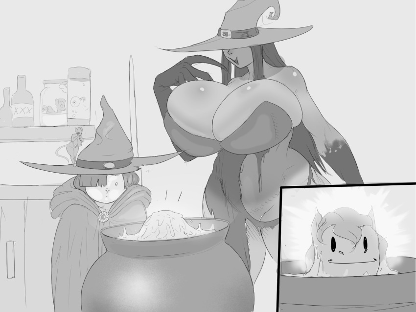 anthro big_breasts breasts cauldron cleavage clothed clothing dreamy_pride dreamy_pride_(character) female group hat headgear headwear hi_res huge_breasts humanoid mammal monochrome mouse murid murine rodent thick_thighs witch_hat