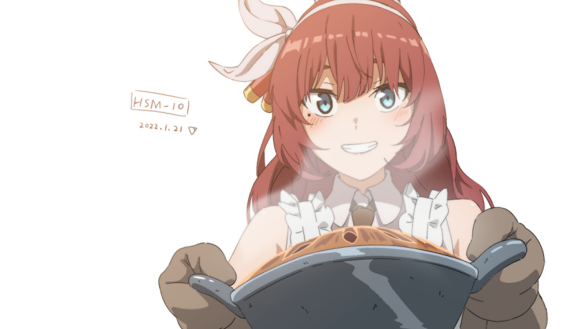 1girl bangs blue_eyes blush commission eyebrows_visible_through_hair girls'_frontline hsm10_(girls'_frontline) long_hair looking_at_viewer mittens mole mole_under_eye necktie parted_lips pixiv_request pot red_hair shirt smile solo teeth_hold triangle_bullet upper_body white_background white_shirt
