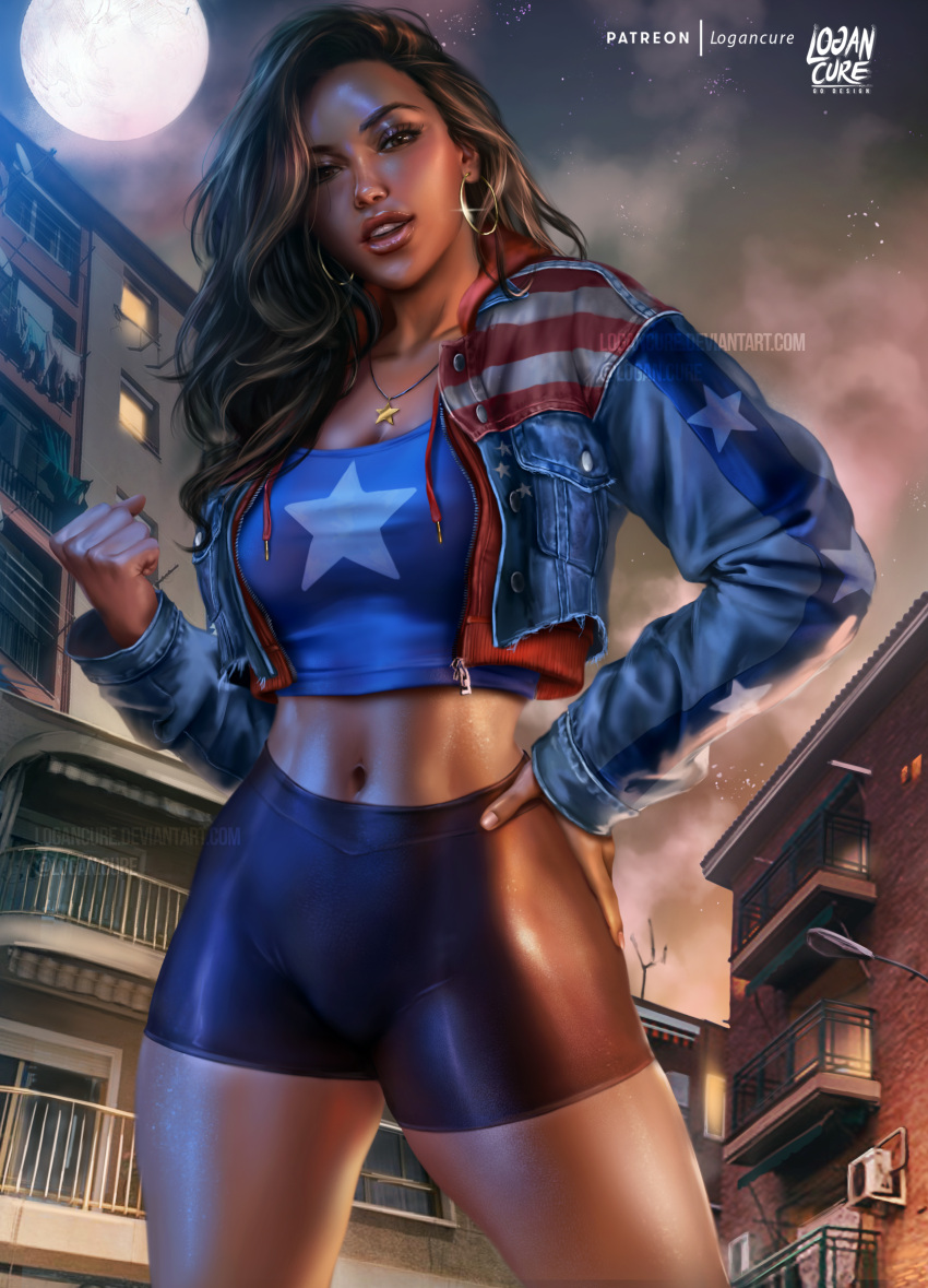 absurdres america_chavez avengers_(series) brown_eyes brown_hair crop_top dark-skinned_female dark_skin denim denim_jacket earrings flag_print full_moon hand_on_hip highres hoop_earrings jacket jewelry lips logan_cure marvel moon navel necklace night outdoors short_shorts shorts skin_tight skindentation tan thick_thighs thighs