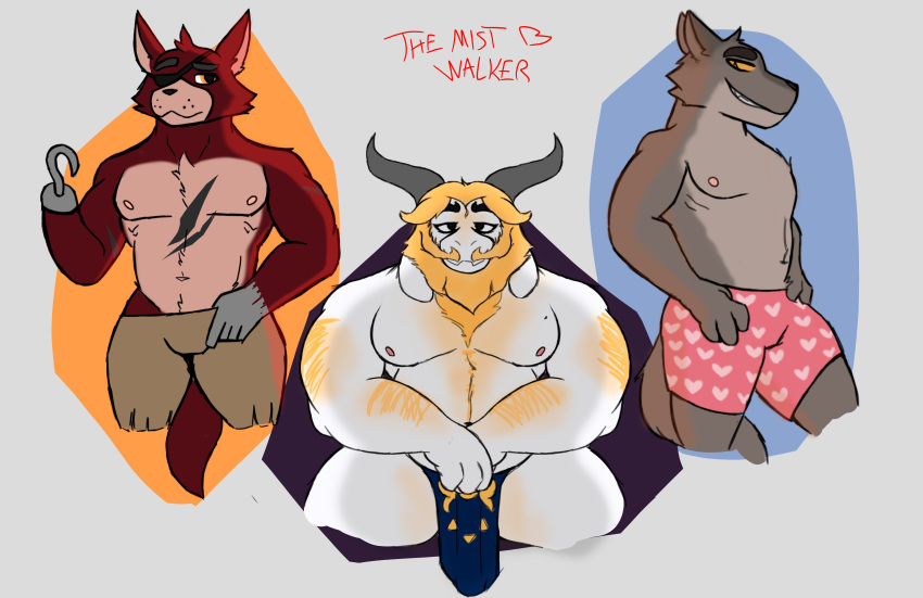 absurd_res anthro asgore_dreemurr asian_clothing barazoku bottomwear bovid canid canine canis caprine clothed clothing dreamworks east_asian_clothing five_nights_at_freddy's fox foxy_(fnaf) fundoshi fur goat grey_background grin group heart_underwear hi_res horn japanese_clothing male mammal mr._wolf_(the_bad_guys) nipples red_body red_fur scar scottgames shorts simple_background sitting smile standing the_bad_guys the_mist_walker trio undertale_(series) underwear video_games white_body white_fur wolf