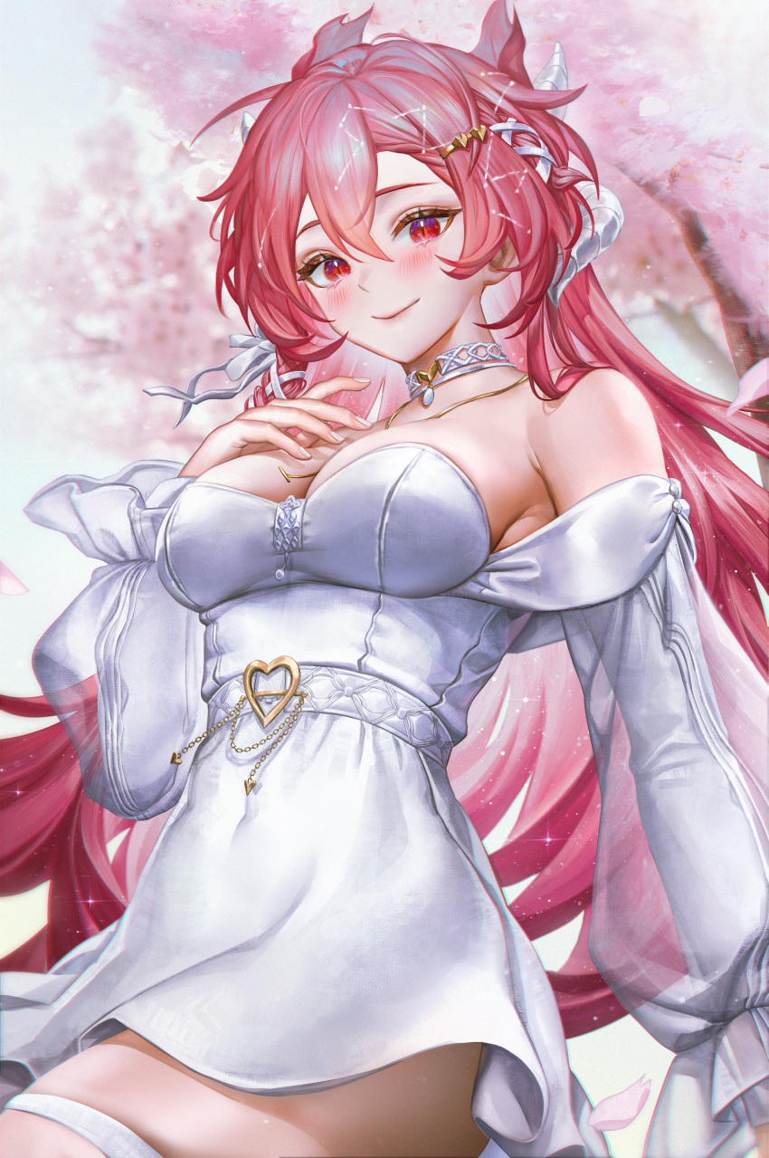 1girl absurdres artofkuzu bare_shoulders belt blush breasts cherry_blossoms cleavage cloud9 dragon_girl dragon_horns dress hair_ribbon hand_on_own_chest highres horns long_hair long_sleeves looking_at_viewer medium_breasts nail_polish petals pink_eyes pink_hair ribbon slit_pupils smile thigh_strap vienna_(vtuber) white_dress white_nails white_ribbon