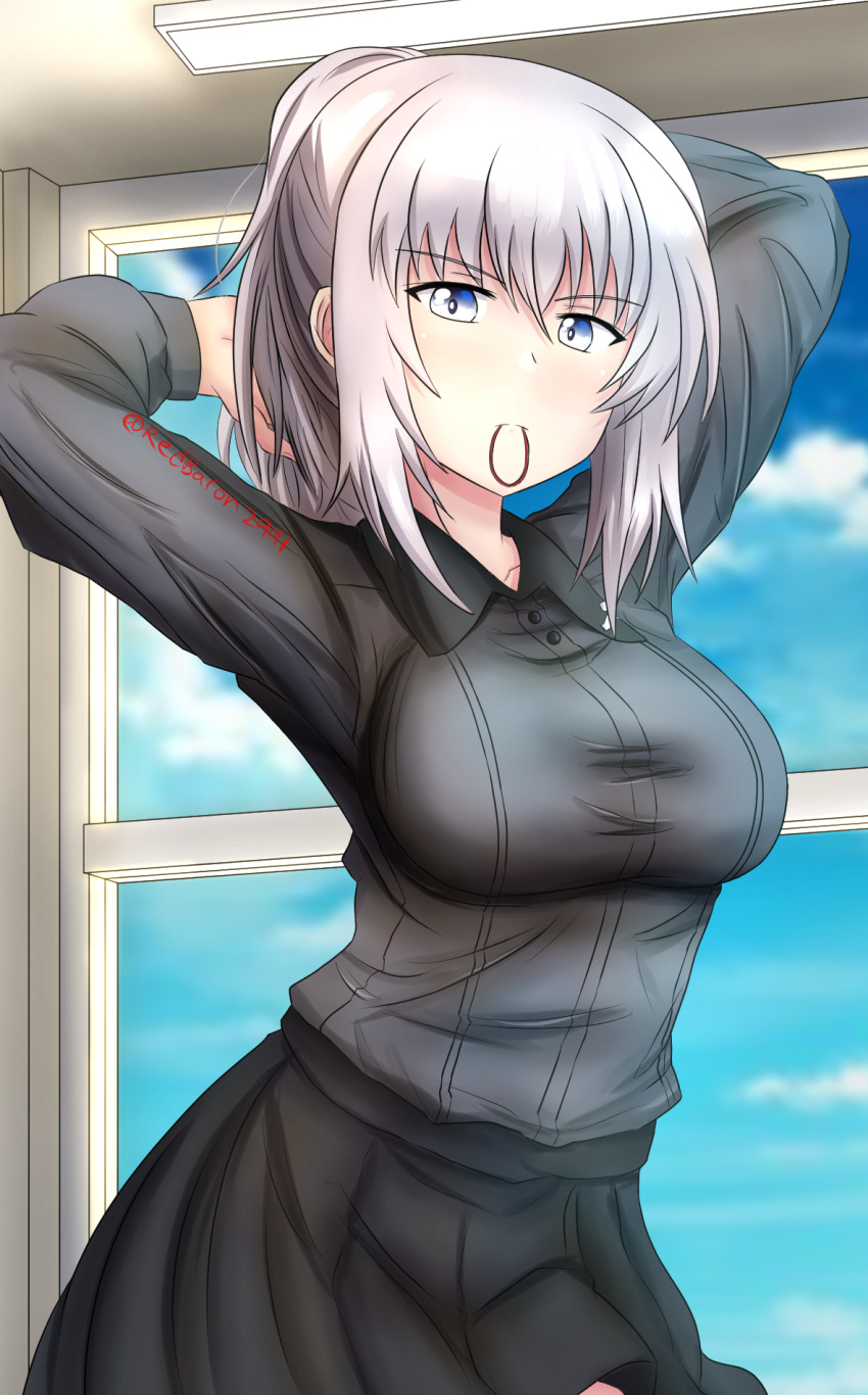 1girl adjusting_hair alternate_hairstyle arms_behind_head arms_up bangs black_skirt blue_eyes blue_sky blush closed_mouth commentary cowboy_shot day dress_shirt eyebrows_visible_through_hair frown girls_und_panzer grey_shirt hair_tie_in_mouth hair_up highres indoors insignia itsumi_erika kuromorimine_school_uniform long_sleeves looking_at_viewer medium_hair miniskirt mouth_hold pleated_skirt ponytail red_skirt redbaron school_uniform shirt skirt sky solo twitter_username window wing_collar