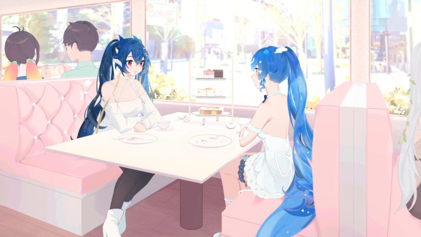 2girls bao_(vtuber) bare_shoulders black_hair blue_hair breasts cleavage cloud9 creator_connection crescent crescent_hair_ornament dragon_girl dragon_horns dress gradient_hair hair_ornament high_ponytail highres horns indie_virtual_youtuber liquid_hair long_hair multicolored_hair multiple_girls open_mouth red_eyes second-party_source sitting twintails very_long_hair vienna_(vtuber) weeniedesu whale_girl white_dress white_footwear