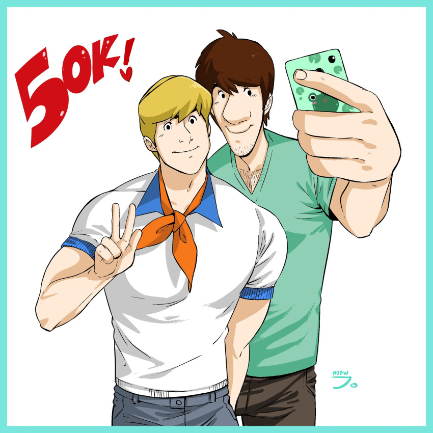 2boys aqua_border bangs bara blonde_hair border brown_hair brown_pants facial_hair fred_jones green_shirt grey_pants highres holding holding_phone jonsfw1 looking_at_phone male_focus multiple_boys muscular muscular_male pants phone scooby-doo selfie shaggy_rogers shirt simple_background smile stubble v white_shirt