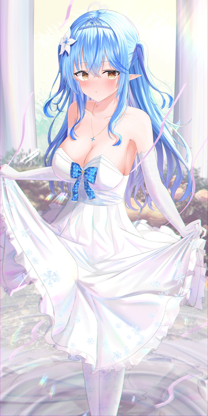 1girl absurdres ahoge aki_uzuki3 blue_hair blue_ribbon blush breasts cleavage coat column commentary dress exposed_shoulders flower hair_flower hair_ornament heart heart_ahoge highres hololive jewelry large_breasts looking_at_viewer necklace open_mouth pillar pointy_ears ribbon standing standing_on_liquid virtual_youtuber water wedding_dress yellow_eyes yukihana_lamy