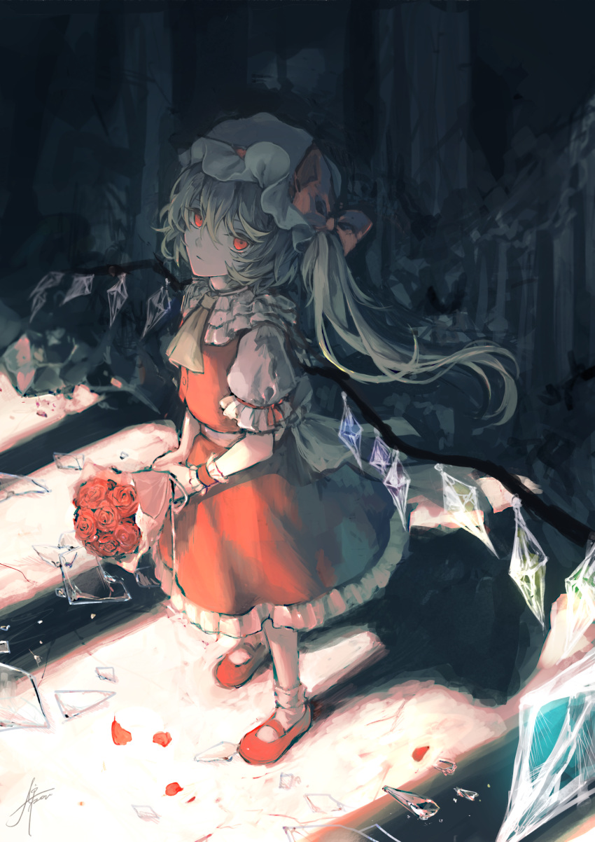 1girl :| ascot blonde_hair bobby_socks bouquet bow closed_mouth collared_shirt commentary crystal expressionless eyebrows_behind_hair flandre_scarlet flower frilled_skirt frilled_sleeves frills full_body gensou_aporo glass_shards hair_ornament hat hat_bow highres holding holding_bouquet long_hair looking_at_viewer mary_janes mob_cap one_side_up petals puffy_short_sleeves puffy_sleeves red_bow red_eyes red_flower red_footwear red_ribbon red_rose red_skirt red_vest ribbon rose rose_petals ruins shirt shoes short_sleeves sidelighting signature skirt skirt_set socks solo touhou vest white_headwear white_legwear white_shirt wings wrist_cuffs yellow_ascot
